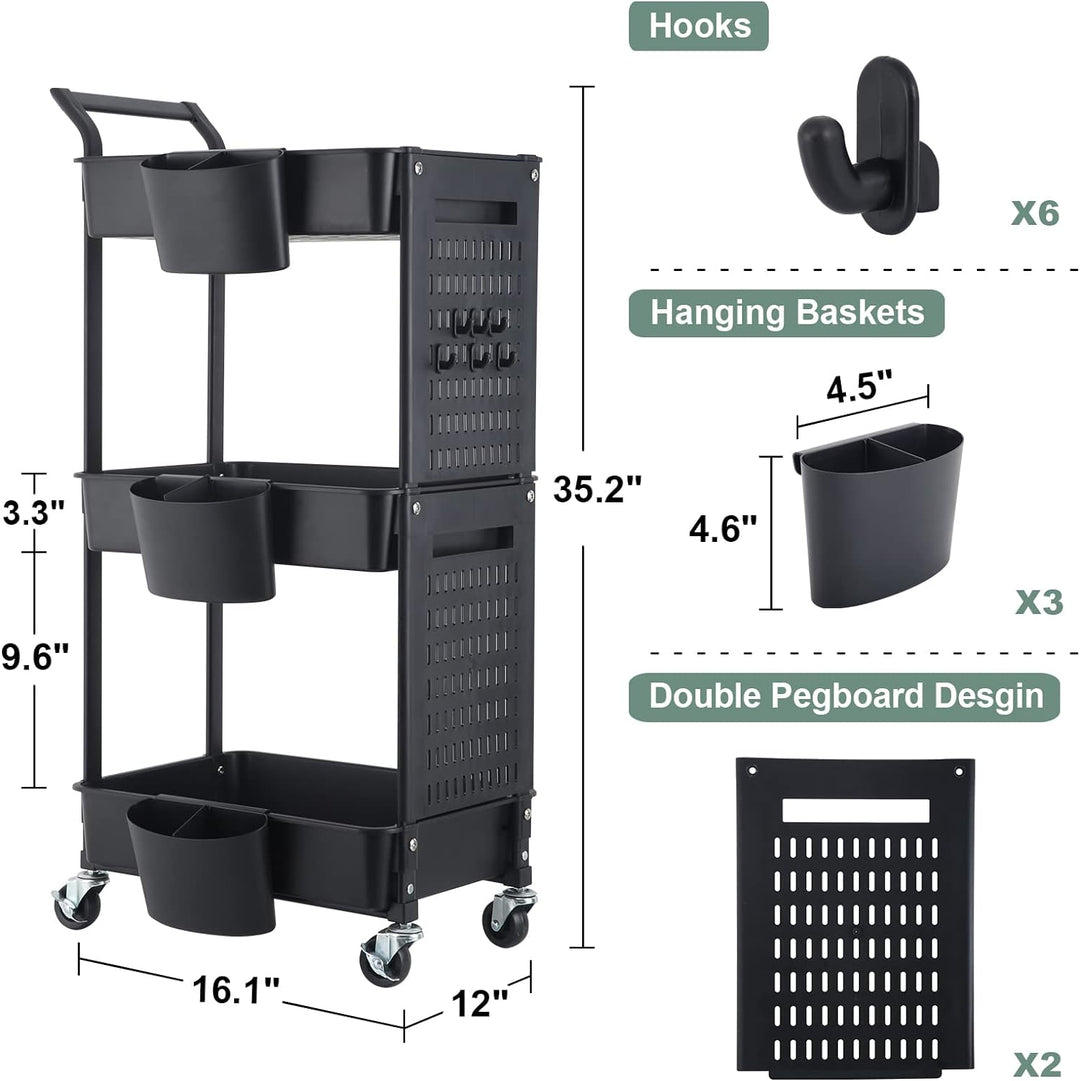 3-Tier Utility Rollwagen, Mobile Utility Aufbewahrungswagen mit DIY Dual Pegboards, Aufbewahrungsreg