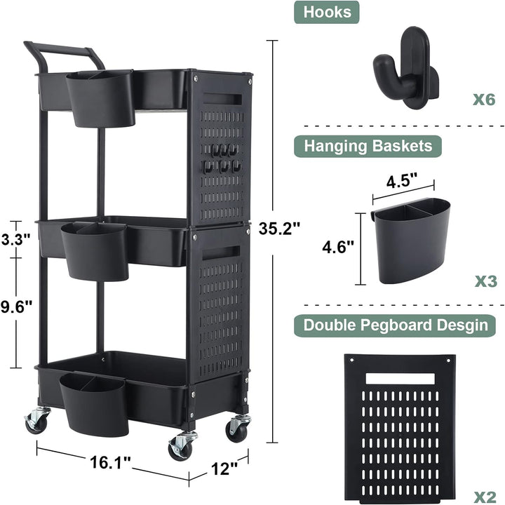 3-Tier Utility Rollwagen, Mobile Utility Aufbewahrungswagen mit DIY Dual Pegboards, Aufbewahrungsreg