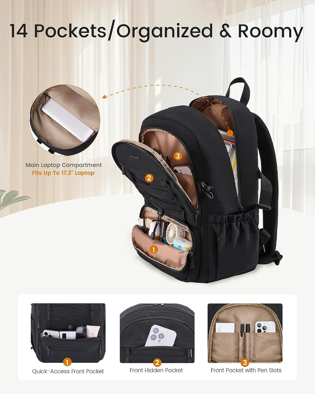 LOVEVOOK Laptop Rucksack Damen, 17,3 Zoll Schulrucksack Teenager Mädchen Schultasche Wasserdicht Tra