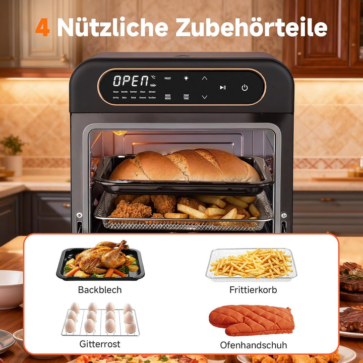 OUNIN 12L Vielseitig Airfryer Backofen, 8-in-1-Heissluftfritteuse, Zweizonen-Kochung, Minibackofen m