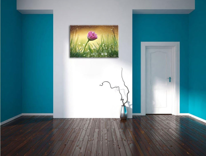 Pixxprint rosa Gänseblümchen im Gras Kunst Buntstift Effekt, Format: 100x70 auf Leinwand, 100x70