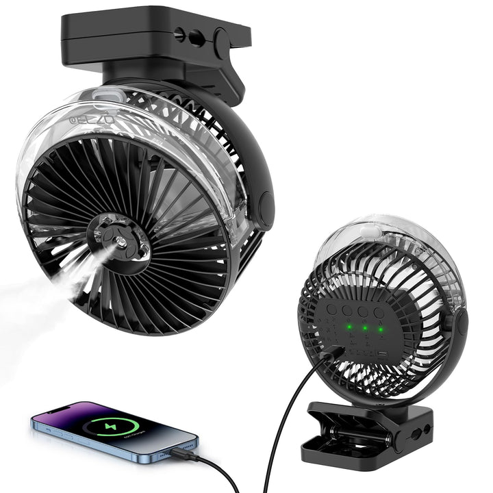 ELZO 12000mAh Campingventilator, USB-Tischventilator mit LED-Licht & Sprühfunktion, Aufhängehaken un