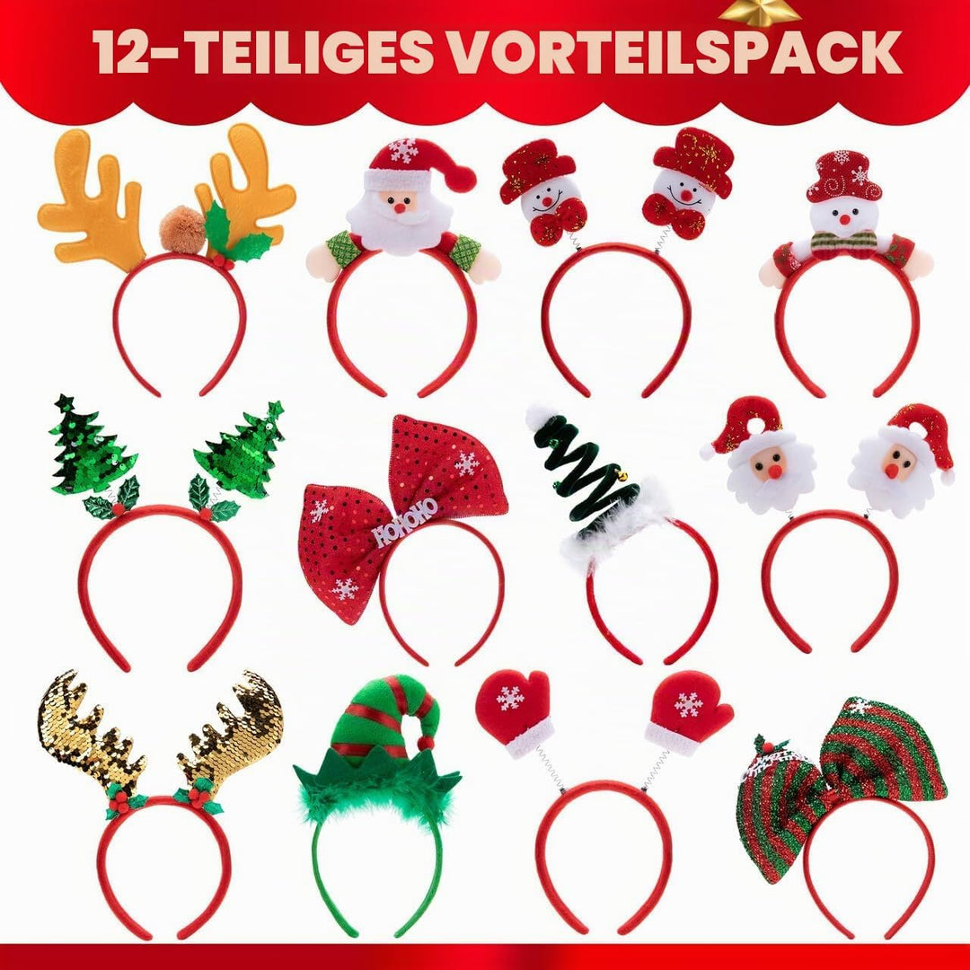 JOYIN 12 Packungen Weihnachts-Stirnbänder mit verschiedenen Designs, Weihnachts-Kopfbedeckungen, Fei