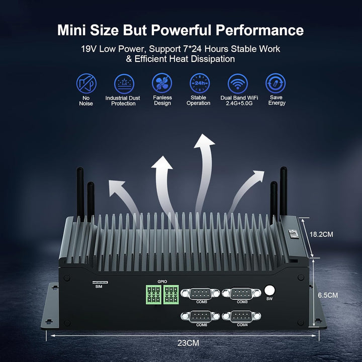 HISTTON Lüfterlos Mini PC Core i5-10210U, 16GB RAM 512GB M.2 SSD, Industrie PC mit 6 RS232 COM, HD+D