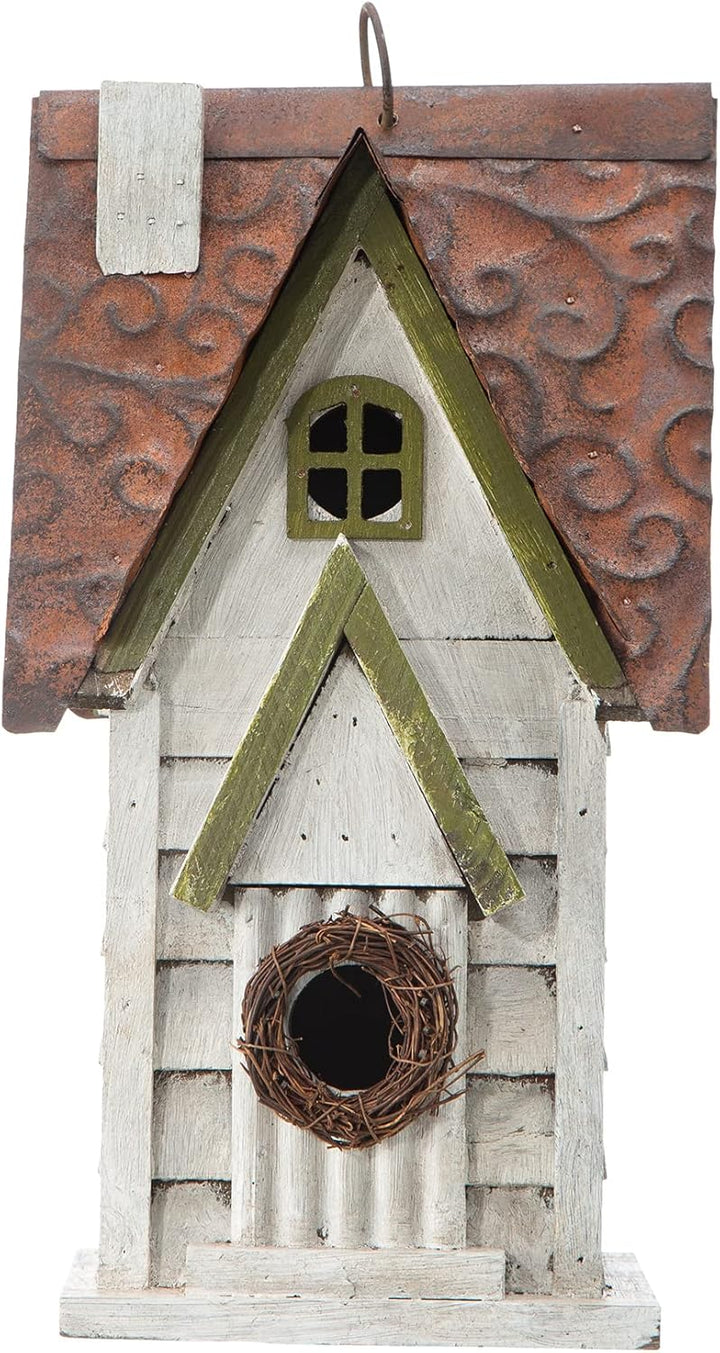 Glitzhome GH90086 Hängendes Vogelhaus aus Holz, abgenutzt, Weiss Weiss/opulenter Garten, Weiss/opule