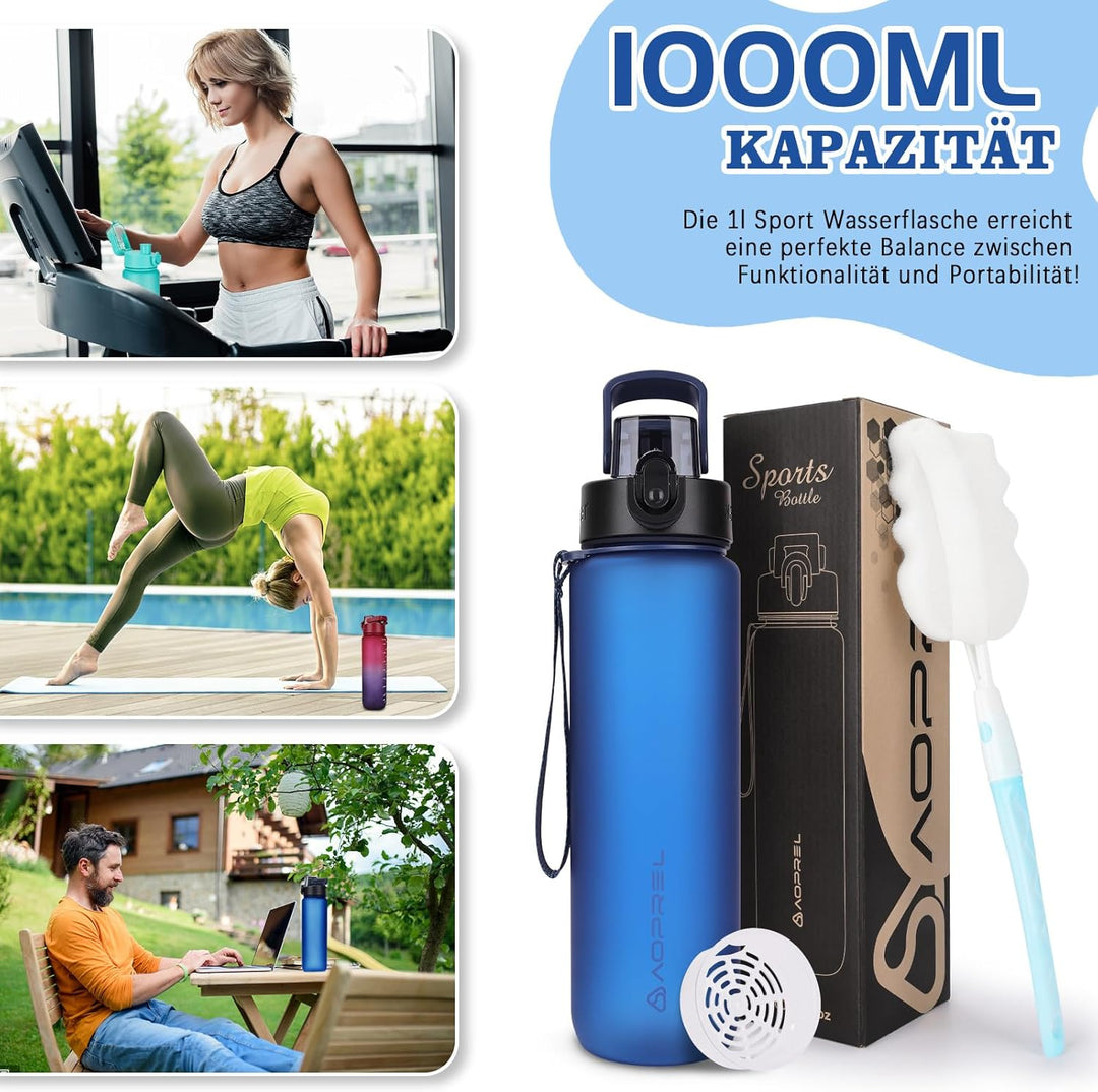 AOPREL Trinkflasche 1l, Wasserflasche BPA-Frei aus Tritan, Sport Trinkflasche Kohlensäure geeignet,