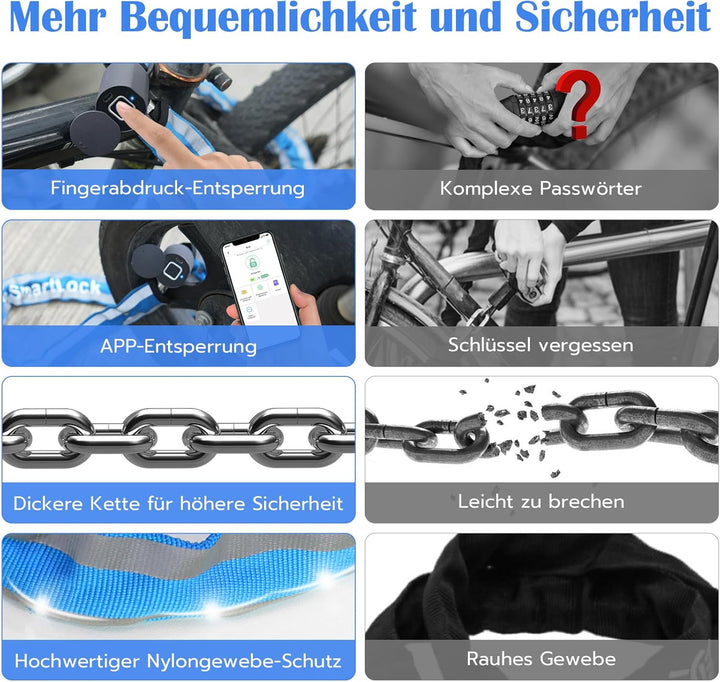 Anweller Fahrradschloss Fingerabdruck, Hohe Sicherheit Anti-Diebstahl Fahrrad Kettenschloss mit APP,