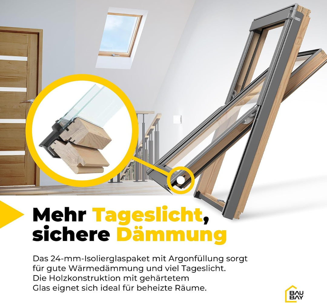 BAUBAY 66x118 cm Dachfenster aus Holz | Fenster mit 3-fach Verglasung | Schrägfenster | inkl. Eindec