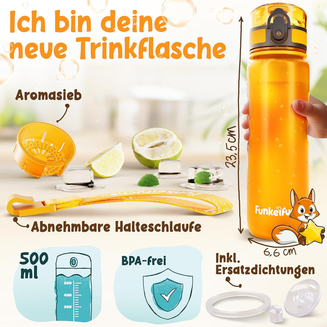 Funkelfuchs® - Trinkflasche für Kinder – 500ml, Orange – Kohlensäure geeignet - 100% auslaufsicher –