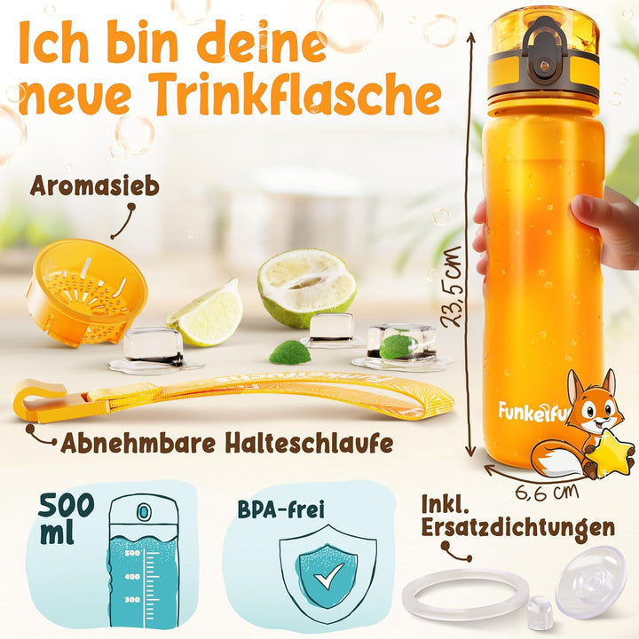 Funkelfuchs® - Trinkflasche für Kinder – 500ml, Orange – Kohlensäure geeignet - 100% auslaufsicher –