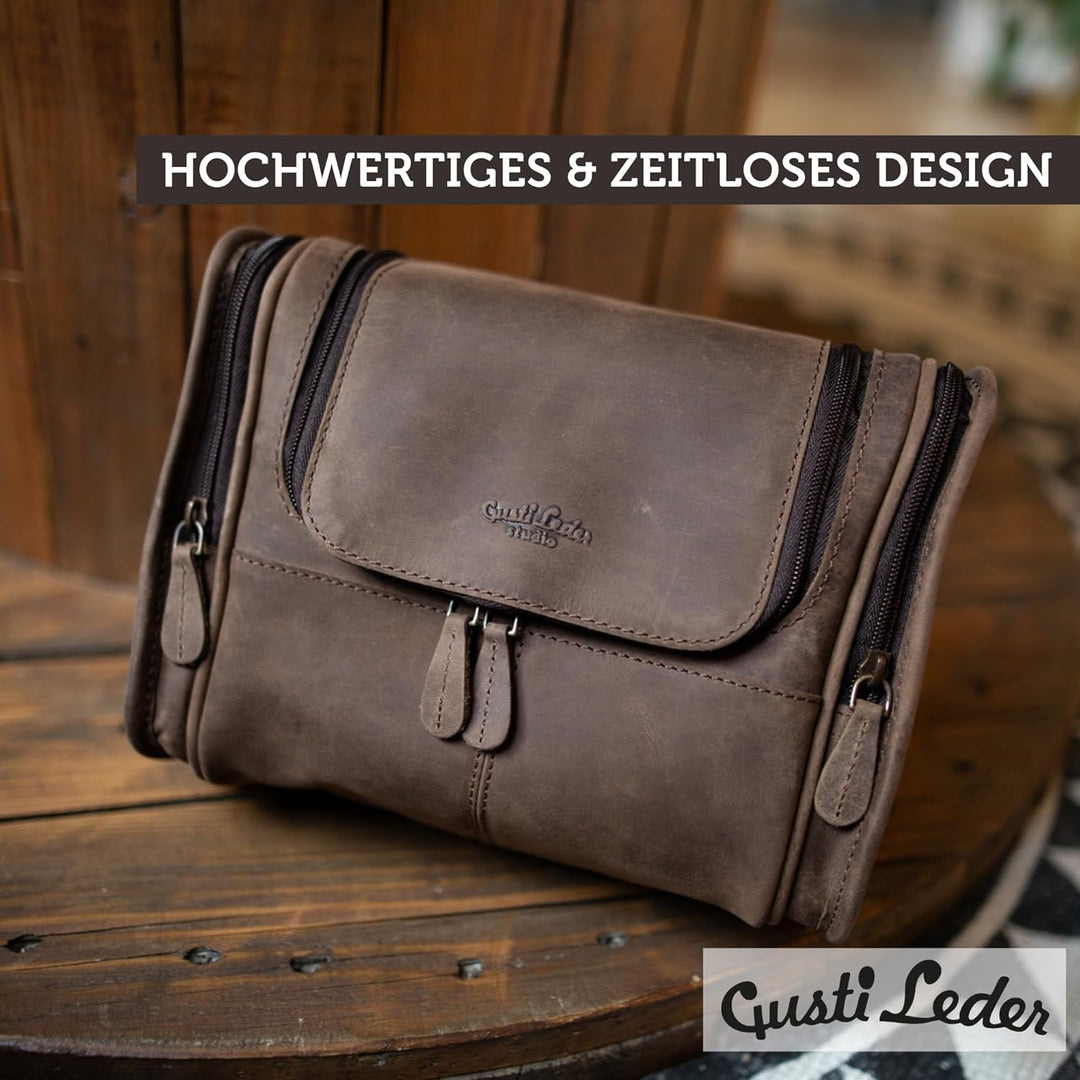 Gusti Kulturbeutel Herren Leder Chester – Edle Kulturtasche aus echtem Büffelleder – Robuste Kosmeti