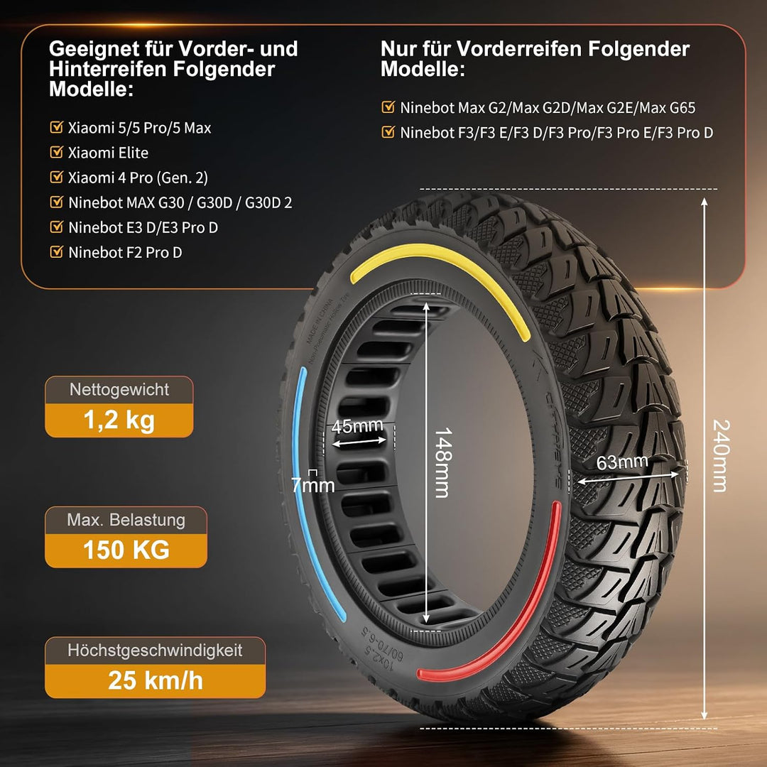 60/70-6,5 Vollgummireifen 10 Zoll Solide Reifen für Xiaomi 5/5 Pro/5 Max,für Ninebot Max G30/Max G30