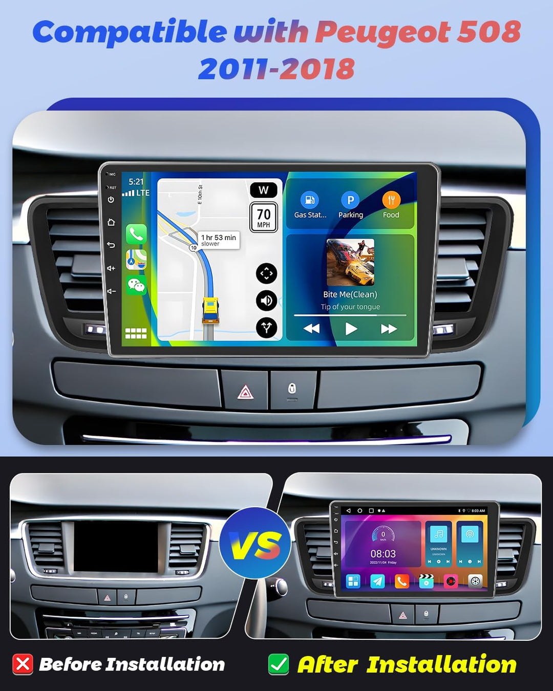Hikity 2+64GB Android 15 Autoradio für Peugeot 508 2011-2018 Radio Carplay Android Auto Wireless, 9