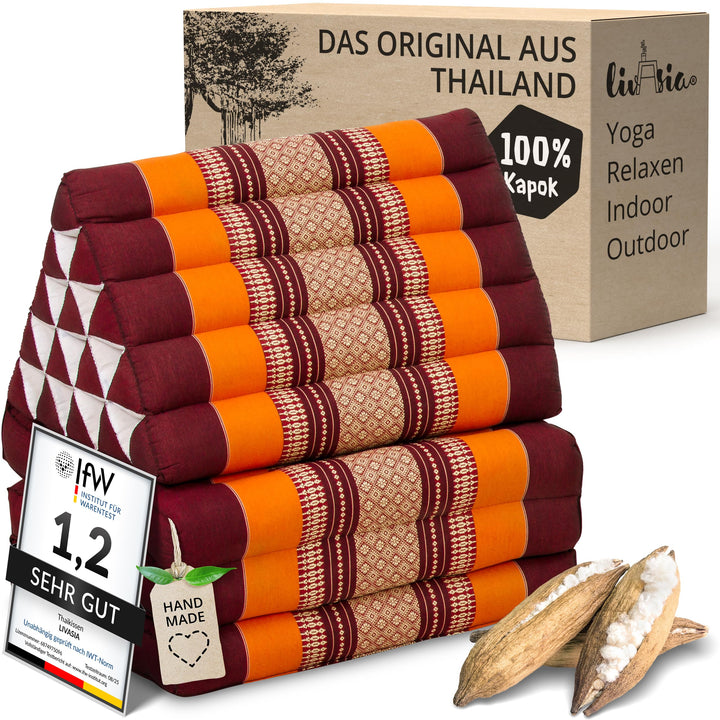 livasia Thaikissen 3 Auflagen extrahoch - 185x55x8cm - Dreieckskissen mit Klappmatratze, Kapok, Jumb