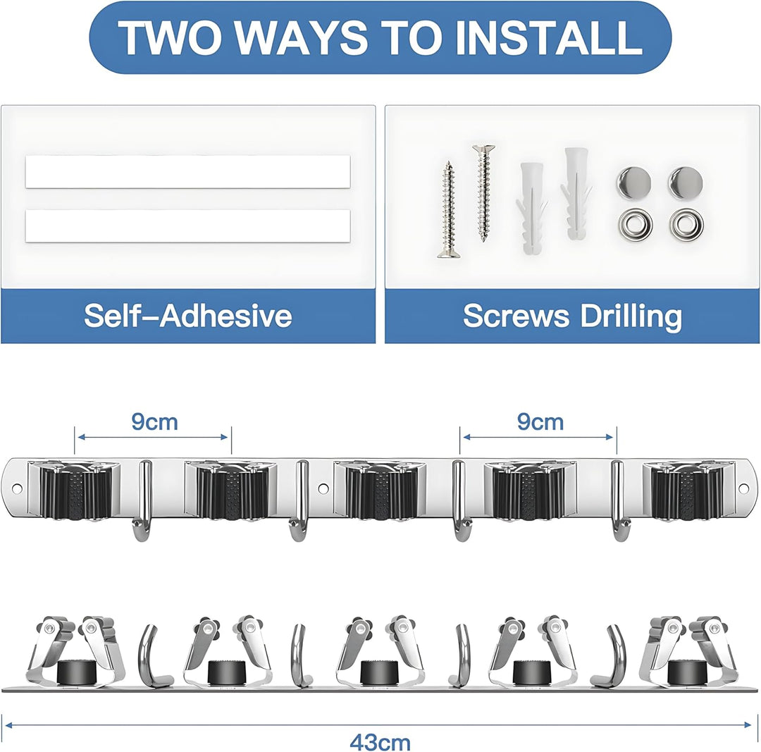AMSAMOTION Besenhalterung Wand, 5 Halter + 4 Haken Schwarz Schwerlast Gerätehalter Selbstklebend, Be