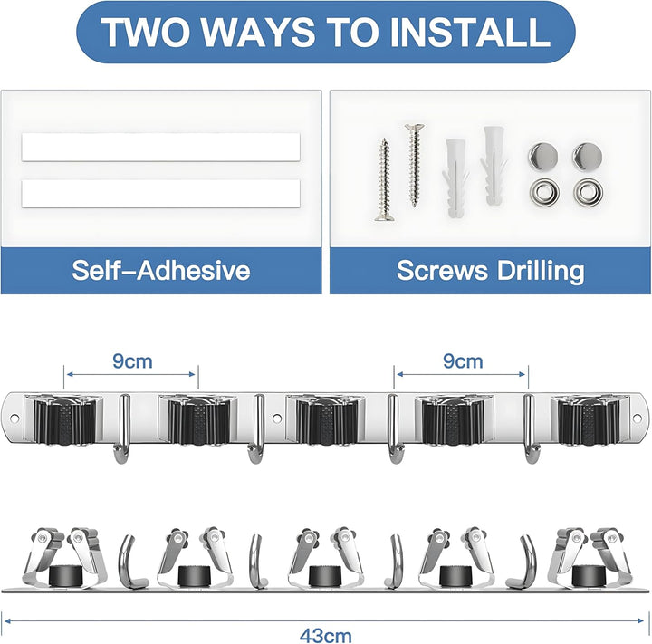 AMSAMOTION Besenhalterung Wand, 5 Halter + 4 Haken Schwarz Schwerlast Gerätehalter Selbstklebend, Be