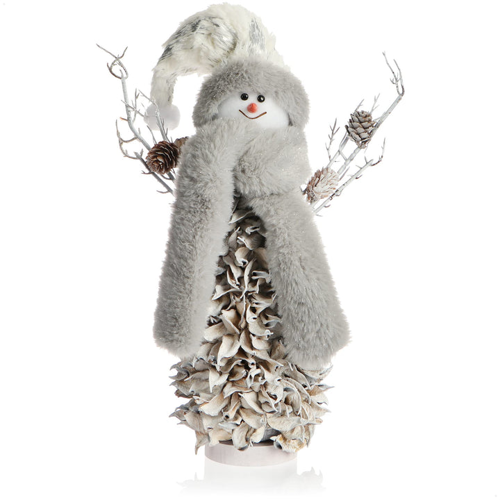 com-four® Schneemannfigur Grösse L Premium, winterliche Dekofigur mit Zapfenkörper aus Blättern, Han