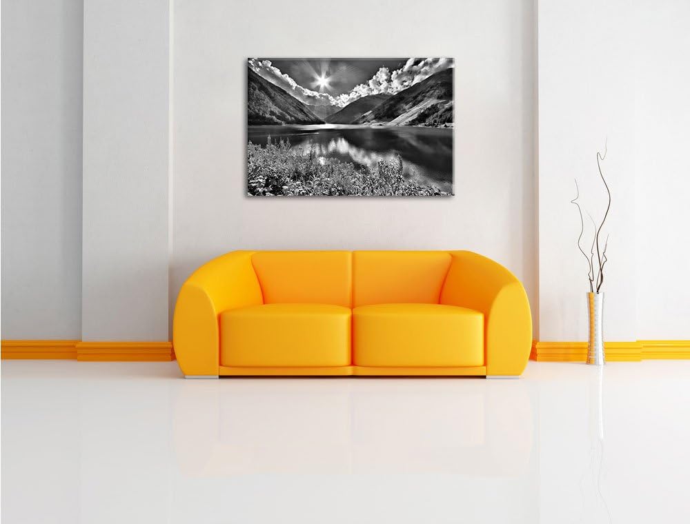 Pixxprint Blumenwiese Bergsee / 100x70cm Leinwandbild bespannt auf Holzrahmen/Wandbild Kunstdruck De