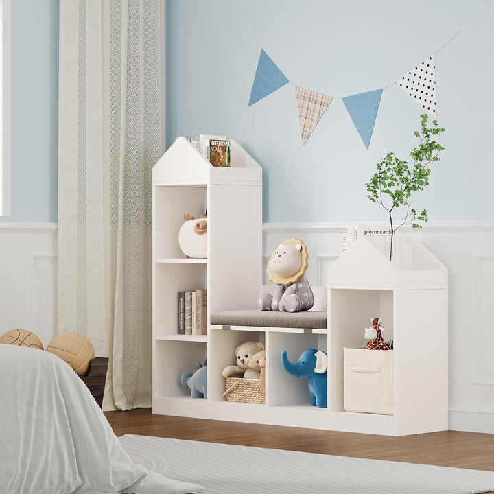 Kinderregal, Bücherregal Kinder aus Holz mit Kissen und 6 Ablagefächern, Spielzeugregal Aufbewahrung