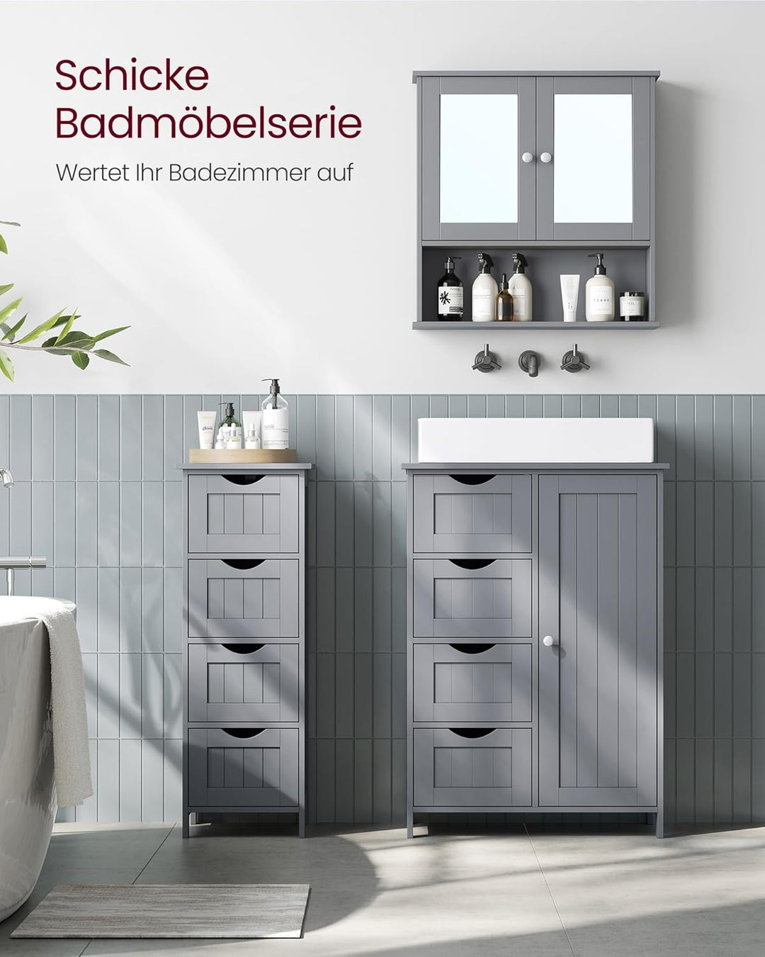 VASAGLE Spiegelschrank, Badschrank, Wandschrank, Hängeschrank mit 2 Spiegeltüren und offenem Fach, v