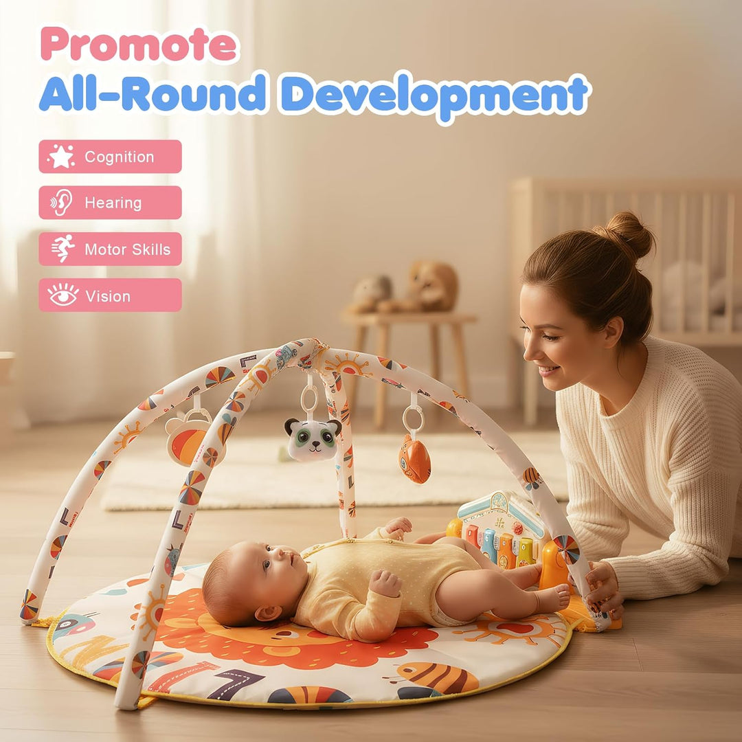 Spieldecke Baby Gym, 6 in 1 Spielbogen 0-12 Monate mit Musik Klaviermatte, 4 Hänge-Spielzeug, Licht