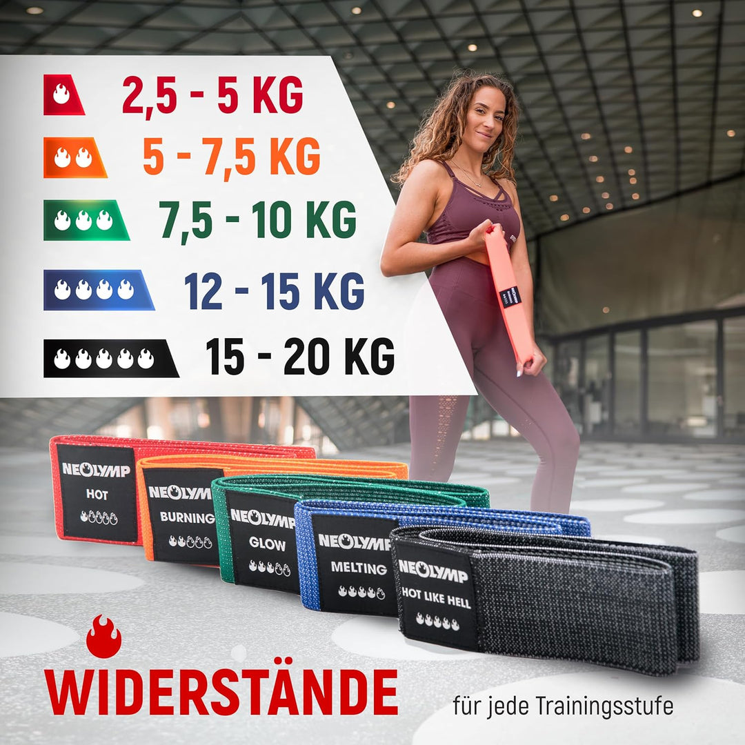 NEOLYMP Miniband Fitness aus Stoff + E-Book mit über 100 Übungen – Minibands Trainingsband Beine Boo
