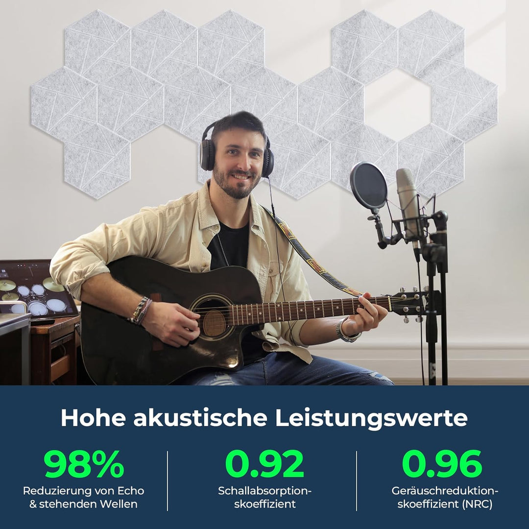 12 Stück Hexagon Akustikplatten Selbstklebend, 30 x 26 x 0,9 cm Hohe Dichte Schallschutzplatten, Aco