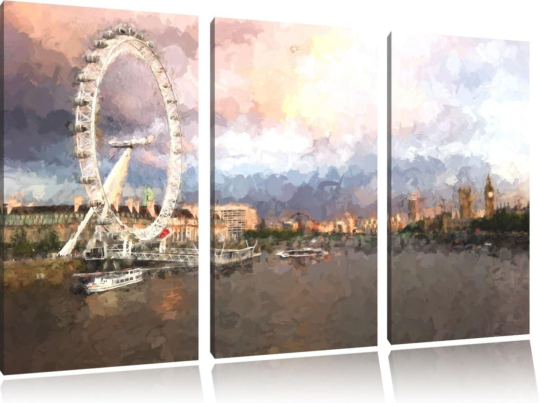 Pixxprint Riesenrad, London Eye Malerei Effekt 3-Teiler Leinwandbild 120x80 Bild auf Leinwand
