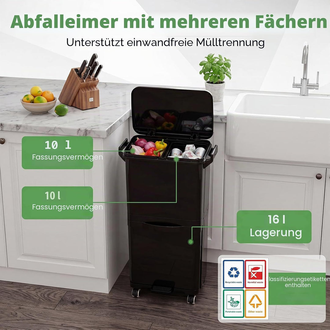 LIFEZEAL 36L Abfalleimer Küche, Mülleimer auf Rädern mit 2 Ebenen, Abfallbehälter mit Pedal & neigba