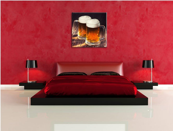Zwei Masskrüge Bier, Format: 70x70 auf Leinwand, XXL riesige Bilder fertig gerahmt mit Keilrahmen, K