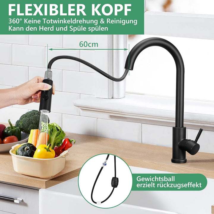Wasserhahn Küche Schwarz Ausziehbare Küchenarmatur mit 50 cm Brauses chlauch – 360° Drehbar, 2 Sprüh