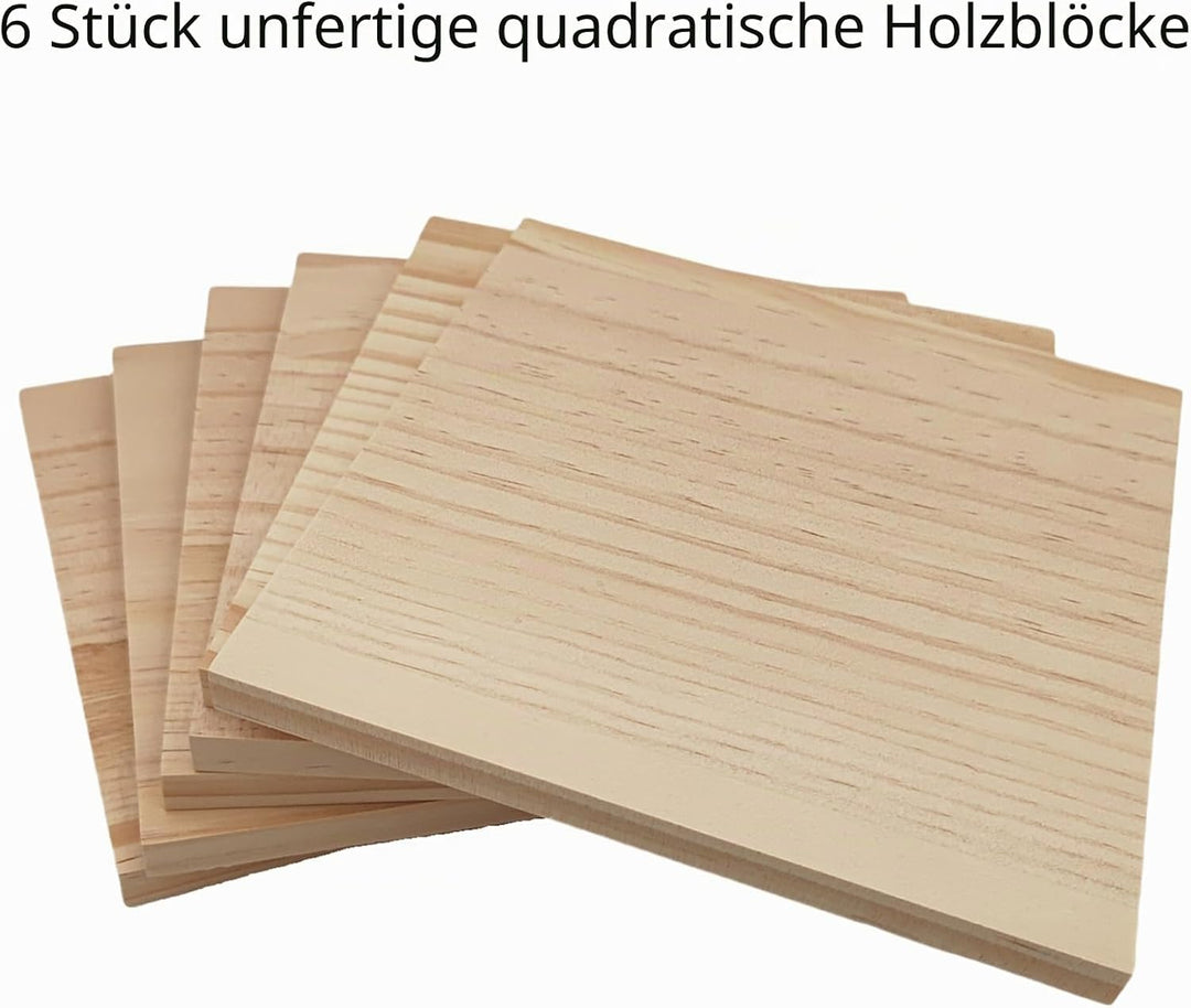 6 Stück Unlackierte quadratische Holzblöcke zum Basteln, 15 x 15 x 1 cm blanko Holzquadrate aus Kief