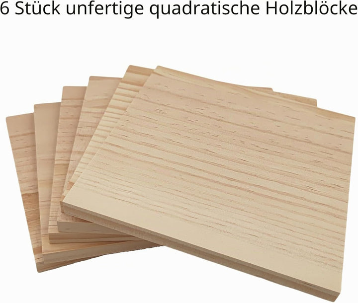 6 Stück Unlackierte quadratische Holzblöcke zum Basteln, 15 x 15 x 1 cm blanko Holzquadrate aus Kief