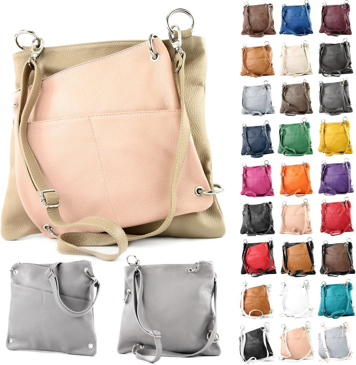 modamoda de - T140 - ital Messengertasche Umhängetasche 2in1 Leder Weiss/Rosa, Weiss/Rosa