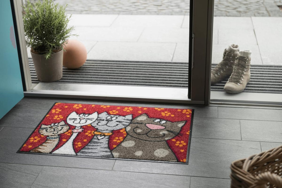 Salonloewe Fussmatte waschbar Katzenfamilie 50x75 cm HausTür-Eingangs-Matte lustig rot-bunt Tiere Fu