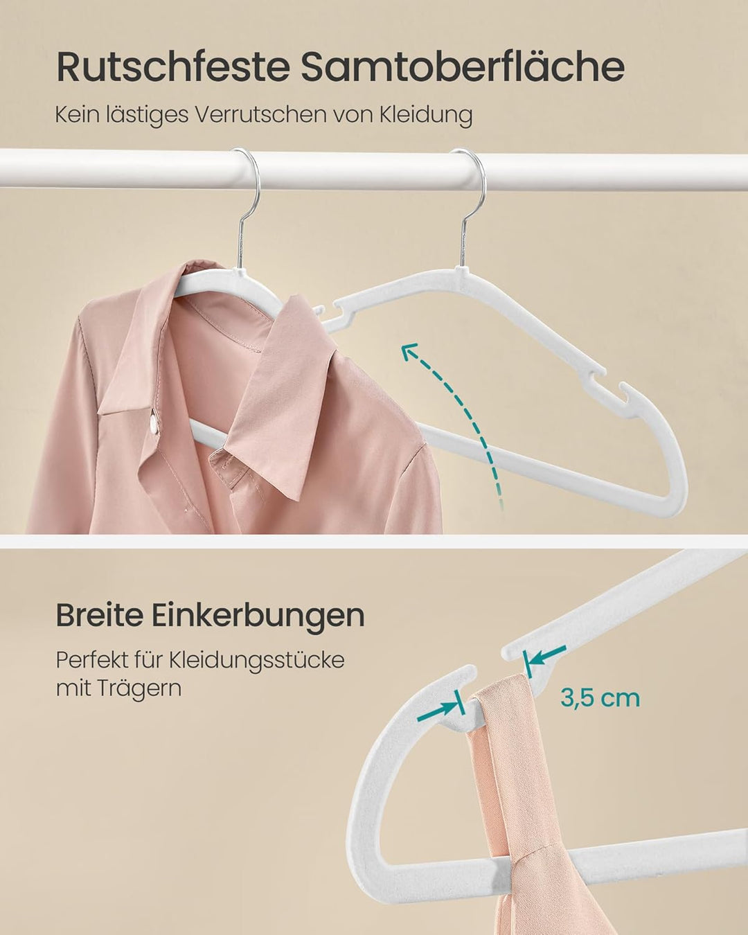 SONGMICS Kleiderbügel Samt, Bügel 50er Set, 43 x 21 cm, Samtbügel rutschfest, breite Schulterkerben,