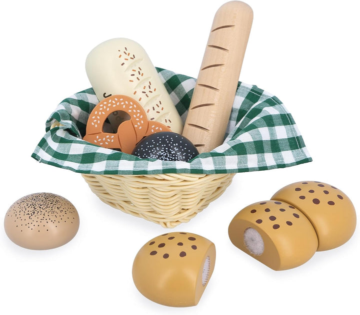 Janod - Holz Bäckereikorb - Viennoiseries Korb - 6 Realistische Dinette Zubehör - Ideale Ergänzung z