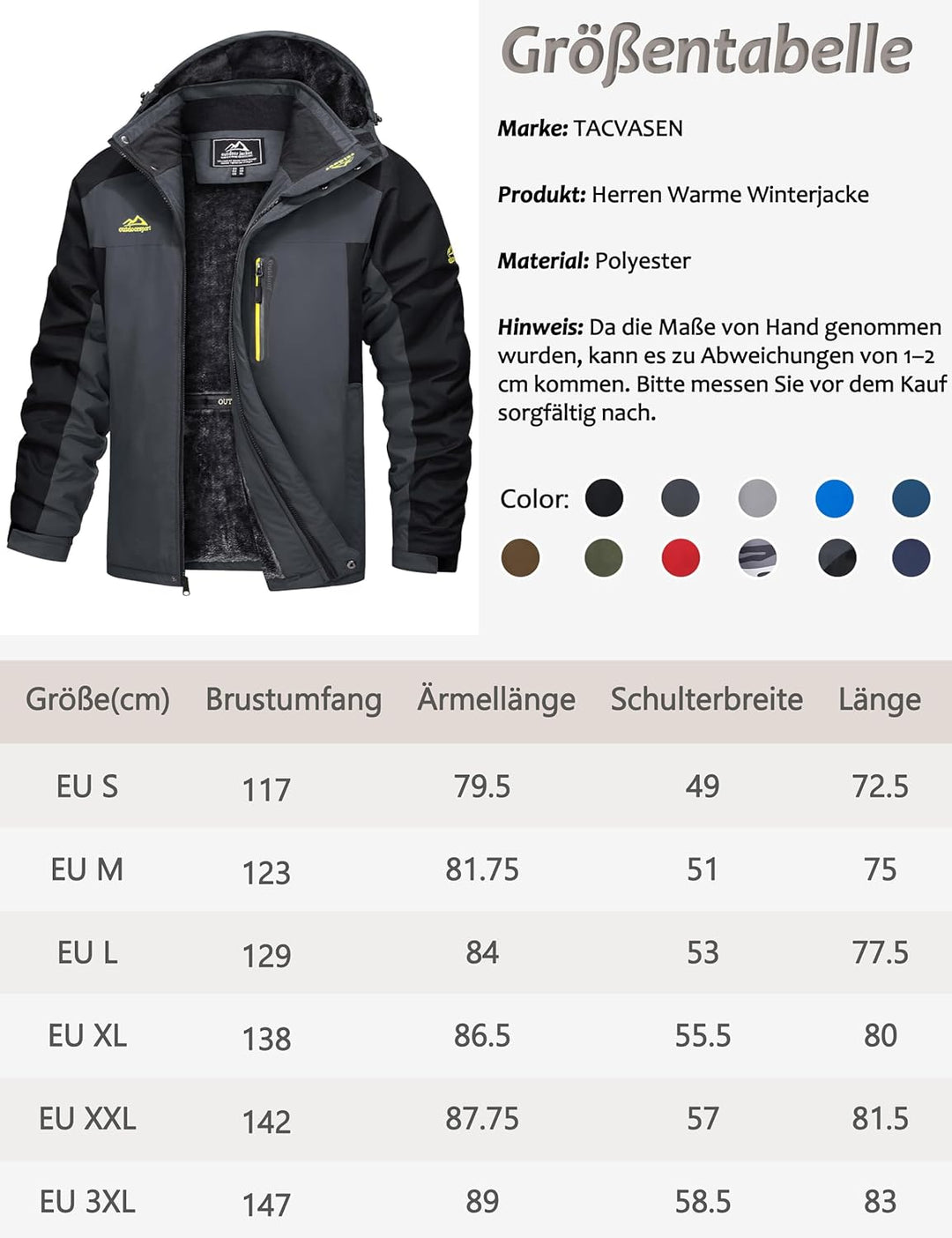 TACVASEN Herren Warme Skijacke Gefütterte Winterjacke Wasserabweisende Funktionsjacke mit Abnehmbare