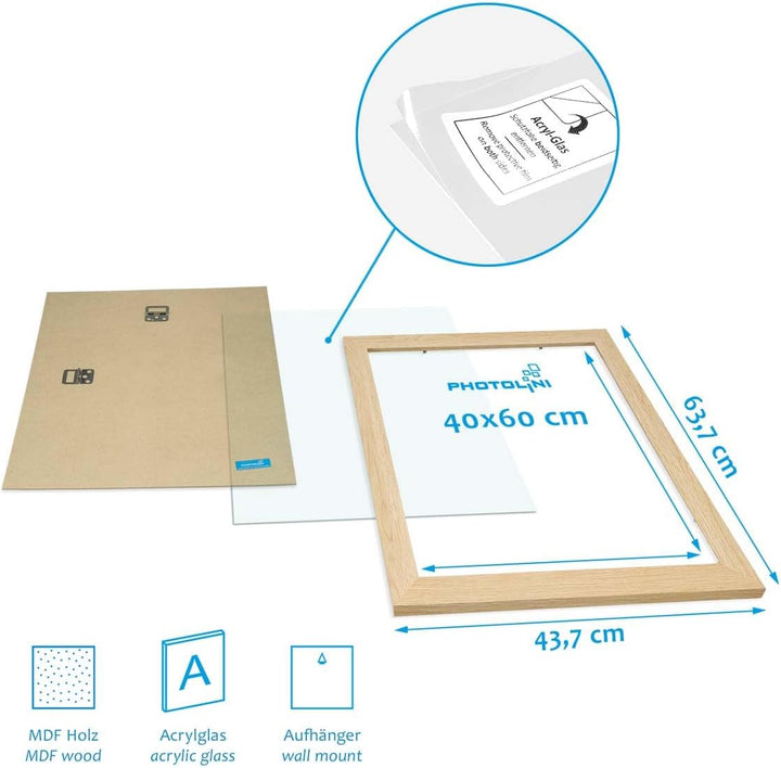 PHOTOLINI Bilderrahmen 40x60 Holz MDF Natur, 3er Set breite 40x60 cm Bilderrahmen mit bruchsicheres