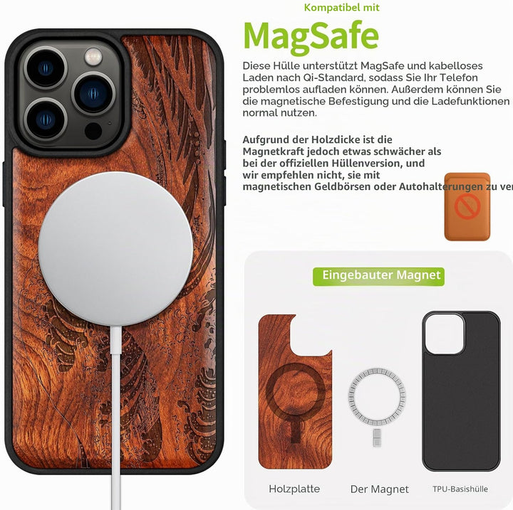 Carveit Handyhülle für iPhone 15 Pro Max Cover Kompatibel mit Magsafe [Holz und TPU Silikon Hybrid h