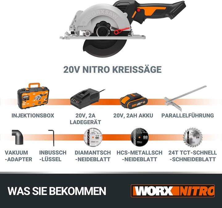 WORX WX531 Akku Kreissäge 20V – Bürstenlose Kreissäge für exakte, gerade Schnitte – Schneidet mühelo