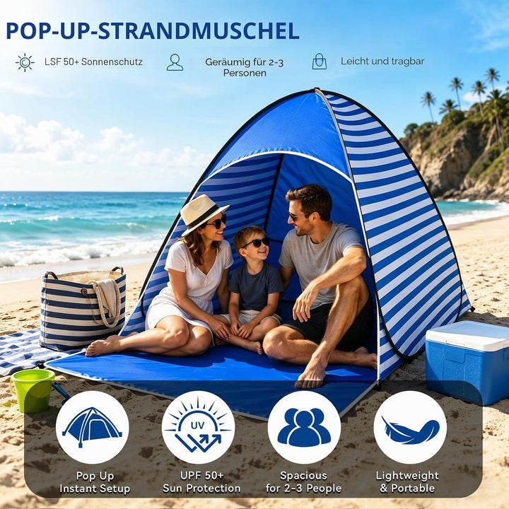Pop Up Strandmuschel, Strandmuschel Pop Up Strandzelt, UV-Schutz 50+, geeignet für 2-3 Personen, ink