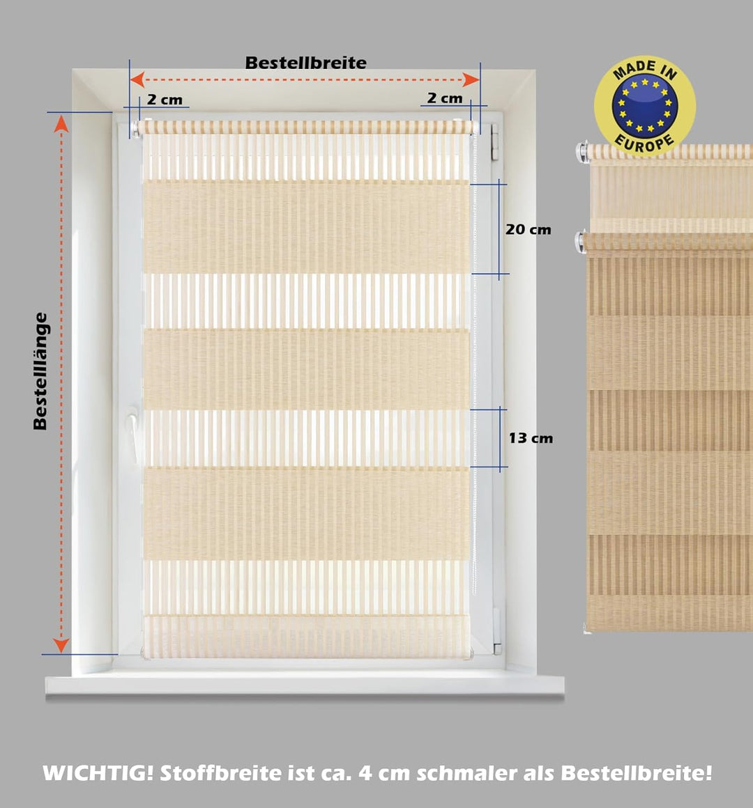 Doppelrollo Bambus, 75x150cm, Creme, mit extra Breiten Stoff-Streifen in Bambusgras-Optik, Klemm-Fix