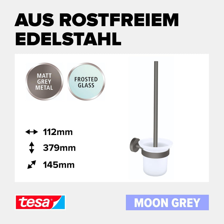 tesa MOON GREY WC-Garnitur, Set mit Halter &amp; WC-Bürste, matt grau, satiniertes Glas - für Bäder im I