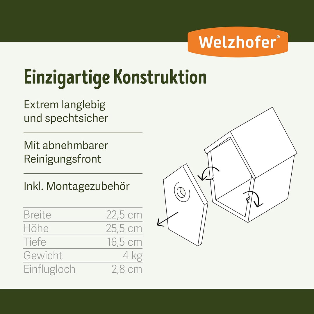 Welzhofer Holzbeton Nistkasten Woody, langlebiges und spechtsicheres Vogelhaus mit 28mm Einflugloch,