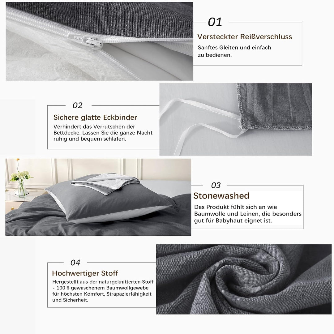 MILDLY Bettwäsche 200x200 Baumwolle, Bettwäsche-Sets Dunkelgrau2 3 Teilig mit Reissverschluss Ähnlic