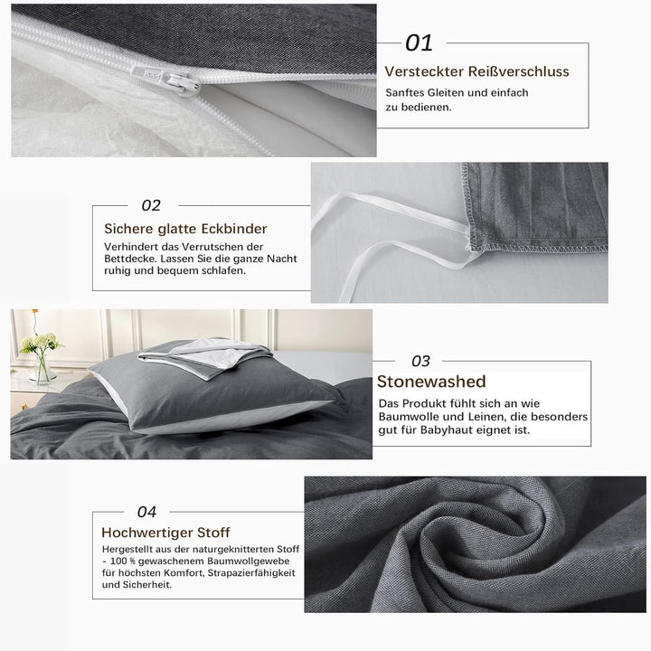 MILDLY Bettwäsche 200x200 Baumwolle, Bettwäsche-Sets Dunkelgrau2 3 Teilig mit Reissverschluss Ähnlic