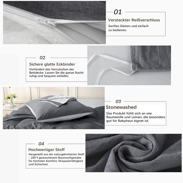 MILDLY Bettwäsche 220x240 Baumwolle, Bettwäsche-Sets Dunkelgrau2 3 Teilig mit Reissverschluss Ähnlic