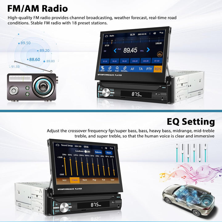 Inefala Carplay 1 DIN Wireless mit manuell einziehbarem 7-Zoll-Display, Autoradio mit Bluetooth 5.1,
