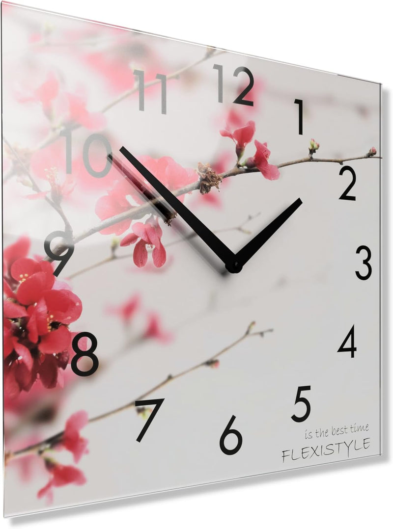 FLEXISTYLE Wanduhr küche Wohnzimmer 30 x 30 cm, aus Glas, mit Direktdruck eckig modern (BLÜHENDER St